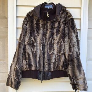 Coogi Australia Jacket Womens Sz 4X  Brown Faux Fur Hooded Full Zip Animal Print
